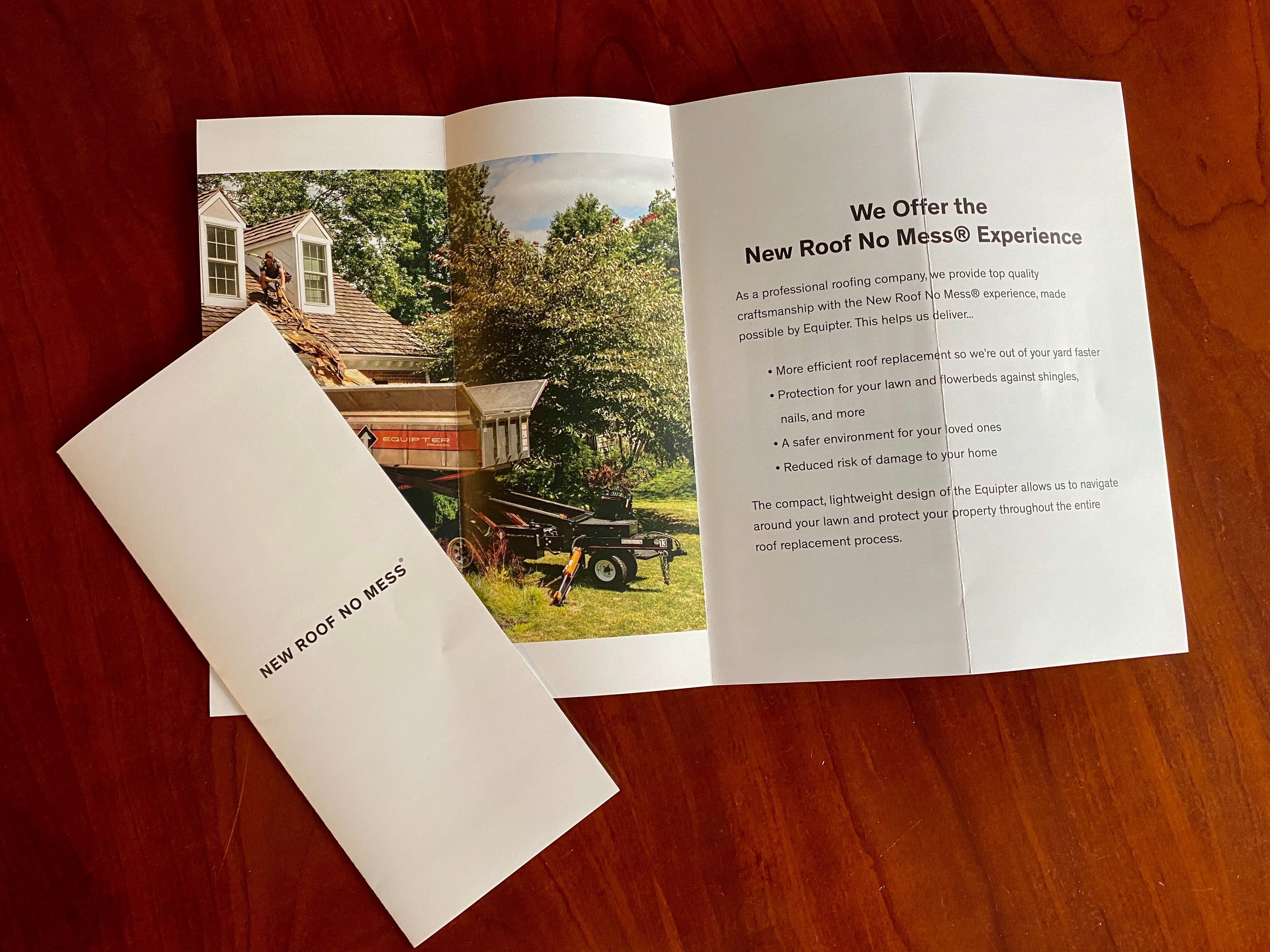 New Roof No Mess contractor marketing brochure